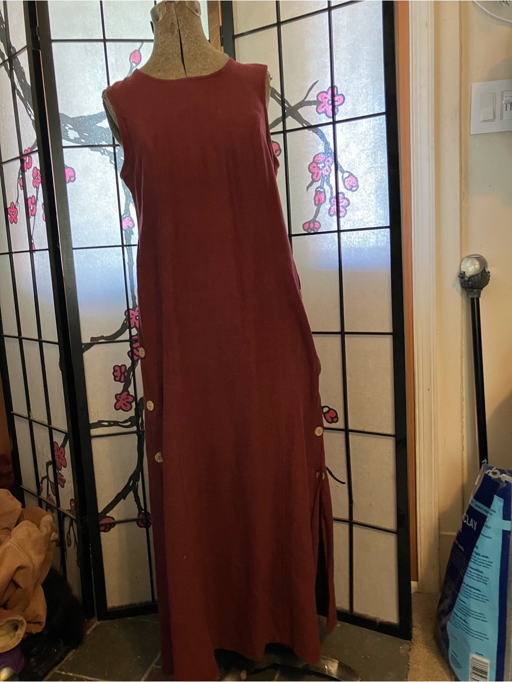 Sleeveless Wine Maxi Dress with Side Button Accents